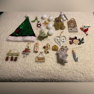 Christmas Ornament Collection with Green Sequin Hat and 23 ornaments